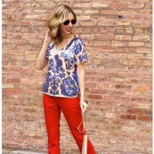 Tracy Reese Blue and Cream Floral Blouse